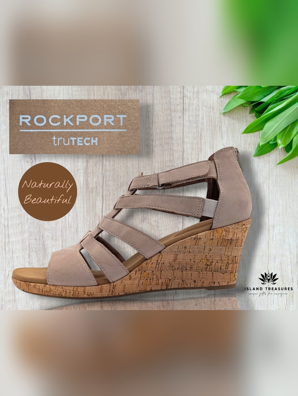 Rockport Briah Gladiator Sz 10 truTECH Taupe Strappy Cork Wedge Sandals Back Zip